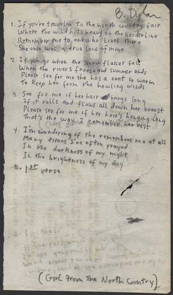 Bob Dylan Handwritten and Signed  "Girl From The North Country" Working Lyrics With Sketch Circa 1963 