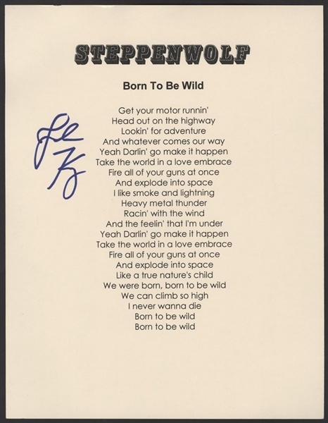 Steppenwolf John Kay Signed "Born To Be Wild" Lyrics