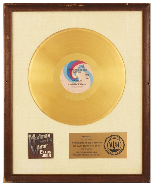 Elton John "Madman Across The Water" Original RIAA White Matte Gold Record Album Award Presented to Elton John