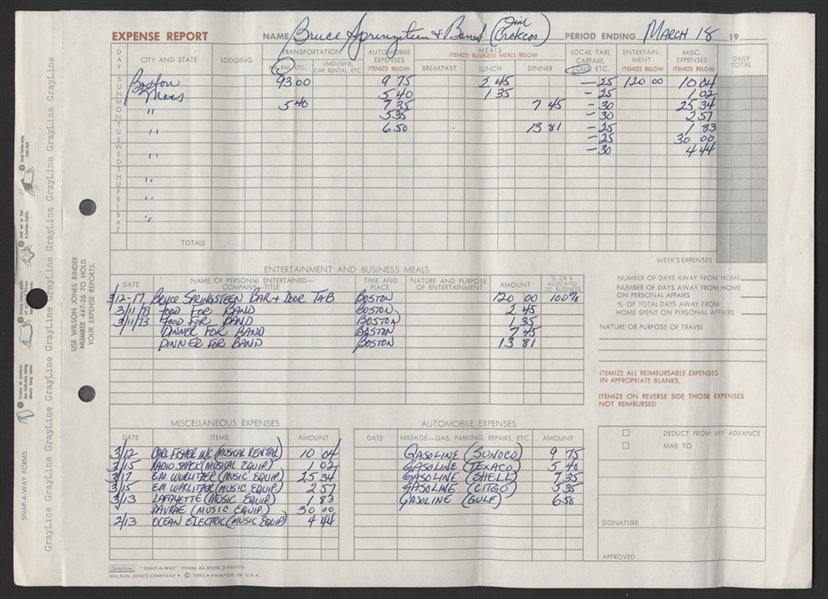 Bruce Springsteen Original 1973 Concert Tour Expense Report