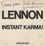 John Lennon & Yoko Ono Lennon Signed "Instant Karma/Who Has Seen The Wind" Record Sleeve
