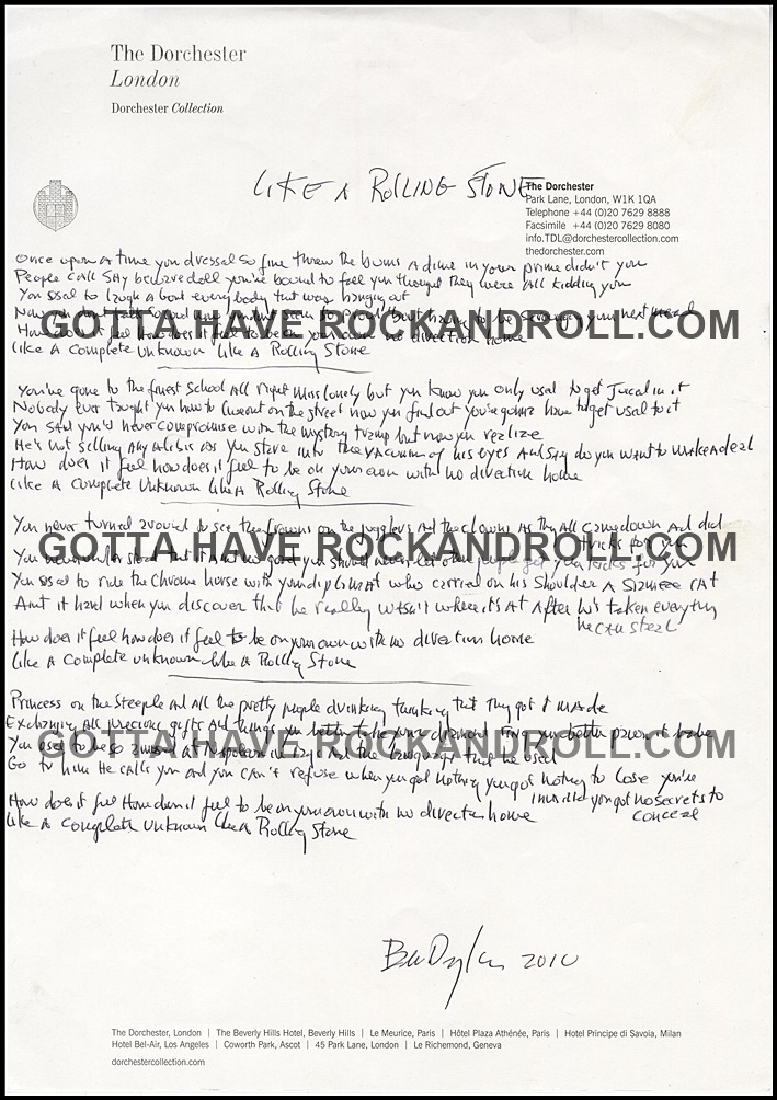 Lot Detail Bob Dylan Handwritten Signed Like A Rolling Stone Lyrics From The Collection Of Bob Dylan