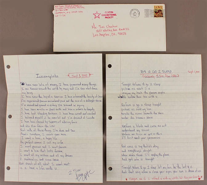 Tupac Shakur Handwritten and Signed Love Poems/Song Lyrics from Prison
