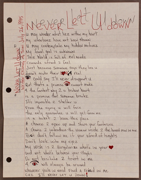 Tupac Shakur Handwritten Love Letter and Poem/Song Lyrics from Prison