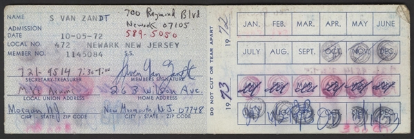 Steven Van Zandt Signed Original 1972 Laborers International of North America Union Card