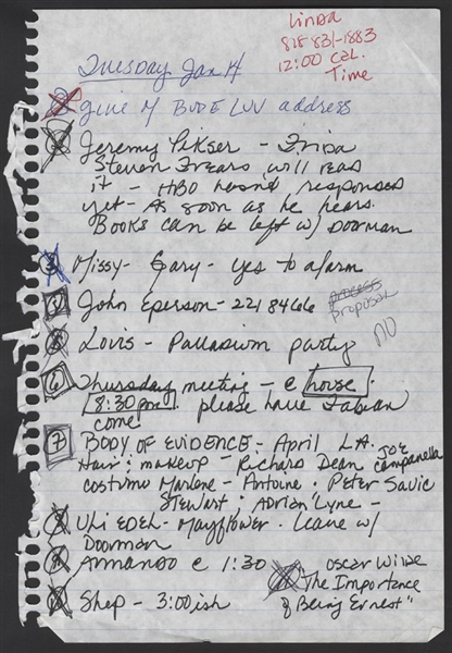 Madonna Original Handwritten "To-Do" List