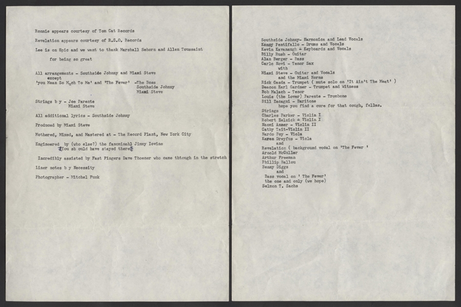 Southside Johnny Hand-Annotated Liner Notes for Southside Johnny and the Asbury Jukes First Album