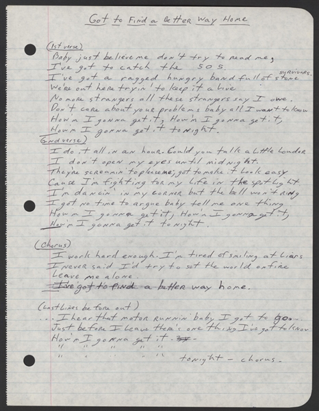 Southside Johnny Original Handwritten "Got to Find a Better Way Home" Original Lyrics From His Hit Album Hearts Of Stone".