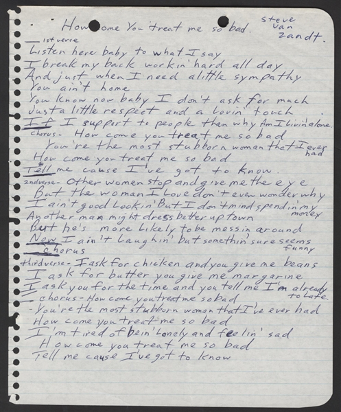 Southside Johnny Handwritten "How Come You Treat Me So Bad" Original Lyrics From The Album I Dont Wanna Go Home".