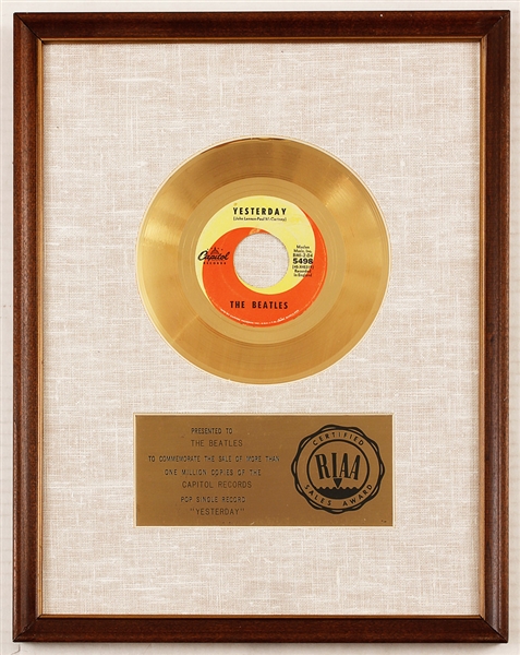 Beatles "Yesterday" Original RIAA White Matte Gold Single Record Award Presented to The Beatles