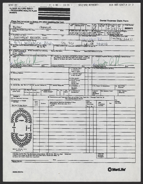 Tupac Shakur Twice Signed Screen Actors Guild Dental Expense Claim Form