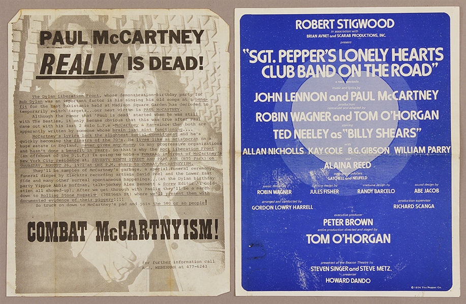 Robert Stigwood "Sgt. Peppers Lonely Hearts Club Band On the Road" Rock Show Promotion & "Paul McCartney Really Is Dead" Funeral Flyer