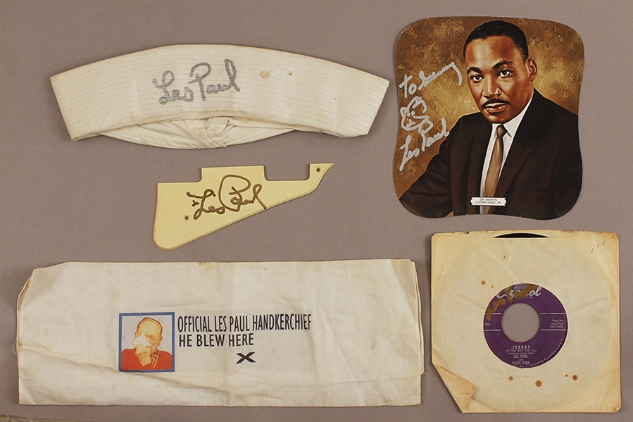 Les Paul Signed Archive: Pickguard, 45 RPM, Sailor Hat, Martin Luther King Fan and Handkerchief