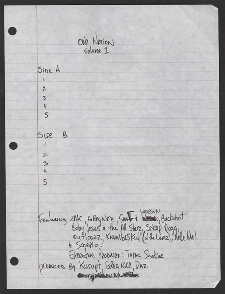 Tupac Shakur Handwritten "One Nation" Album Notes and Set List