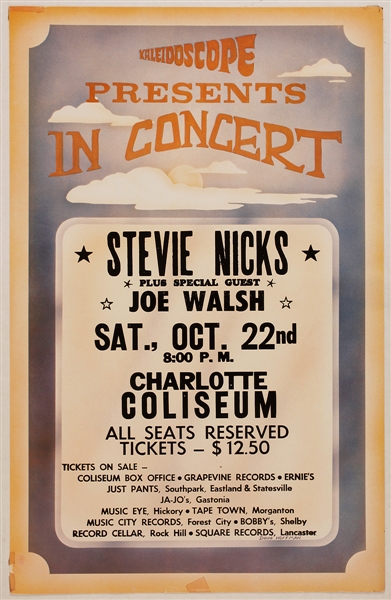 Stevie Nicks Wild Heart Tour Original Charlotte Coliseum Cardboard Concert Poster With Joe Walsh