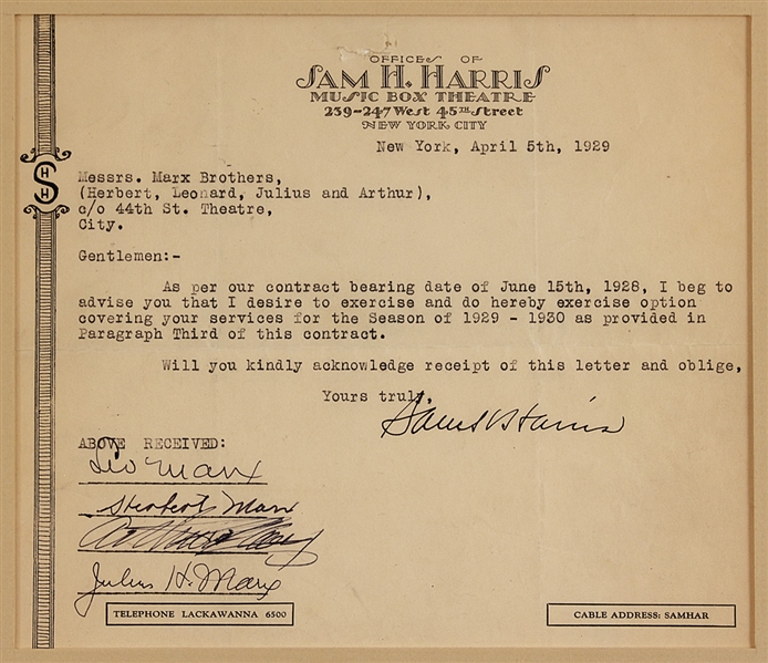 Marx Brothers Signed Original "Animal Crackers" Broadway Contract and Historic Telegrams