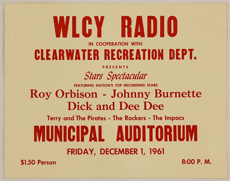 Roy Orbison Original 1961 Clearwater Star Spectacular Original Concert Poster