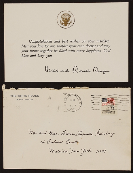 President Ronald Reagan and First Lady Nancy Reagan Autopen Signed White House Card with Original Envelope