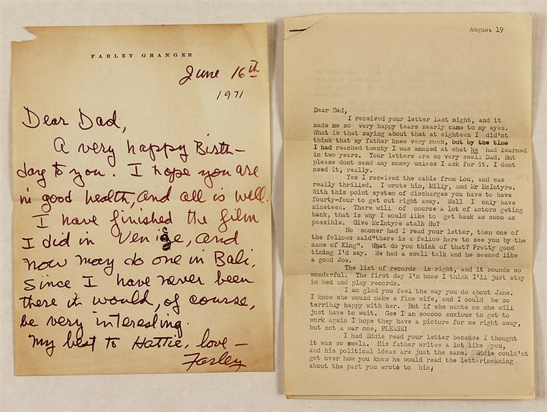 Farley Granger Handwritten, Typed and Signed Letters to His Father