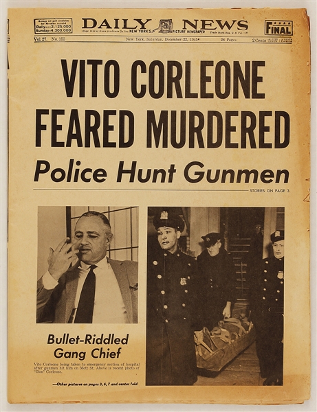 "The Godfather" Original "Vito Corleone Feared Murdered" Daily News Newspaper Props