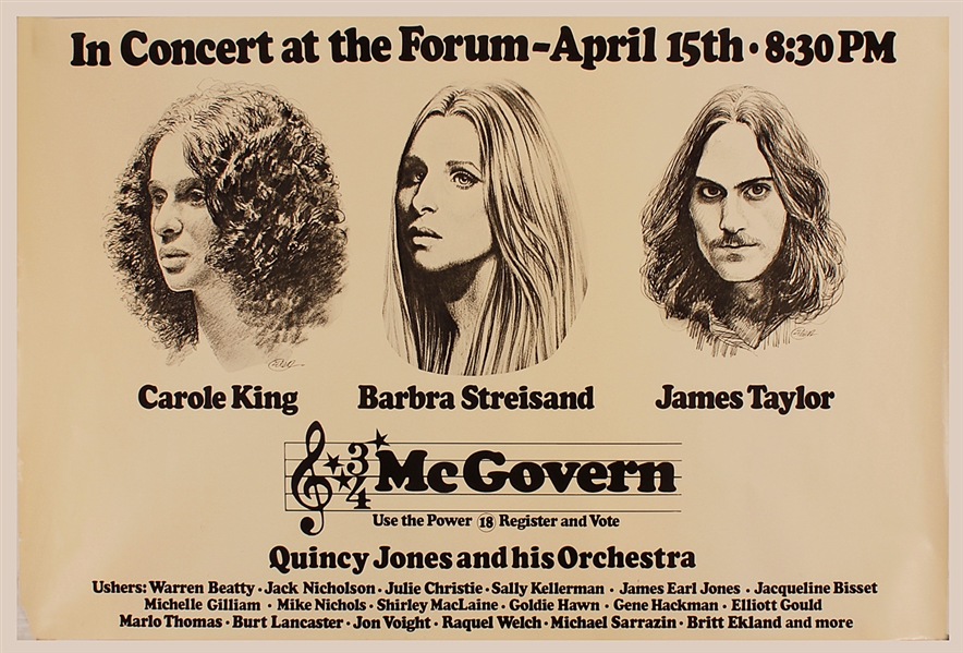 Barbra Streisand, Carol King and James Taylor Original  "McGovern" For President Benefit Concert Poster