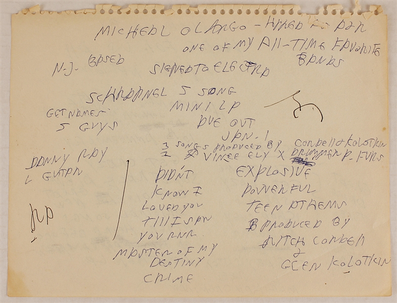Lot Detail - Joey Ramone Handwritten Song Lyrics and Album Notes