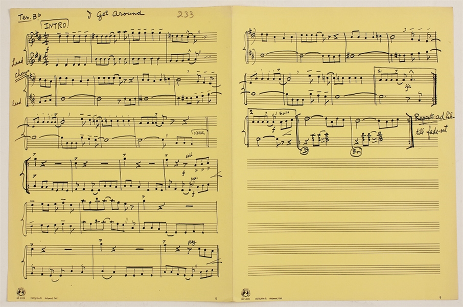 Beach Boys Brian Wilson "I Get Around" Hand Annotated Music Score Used in the Recording Studio