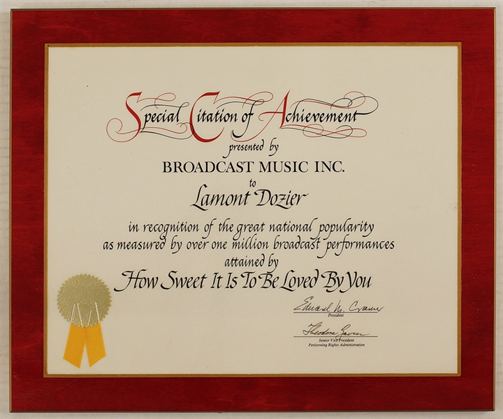 BMI Original Award for "How Sweet It Is To Be Loved By You" Presented to Lamont Dozier