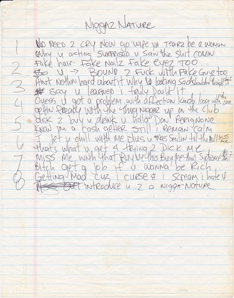 Tupac Shakur Handwritten and "Makaveli" Signed "Niggaz Nature" Lyrics