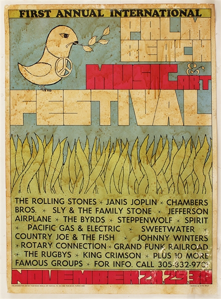 Palm Beach Music & Art Festival Original 1969 Concert Poster Featuring The Rolling Stones, Janis Joplin, Sly & The Family Stone, Jefferson Airplane and More