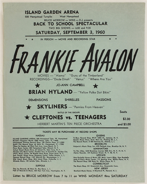 1960 Original Teen Concert Handbills Featuring Frankie Avalon and Connie Francis