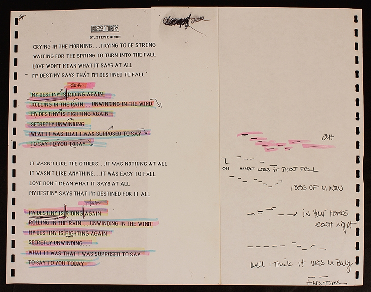 Stevie Nicks Hand Annotated "Destiny" Lyrics