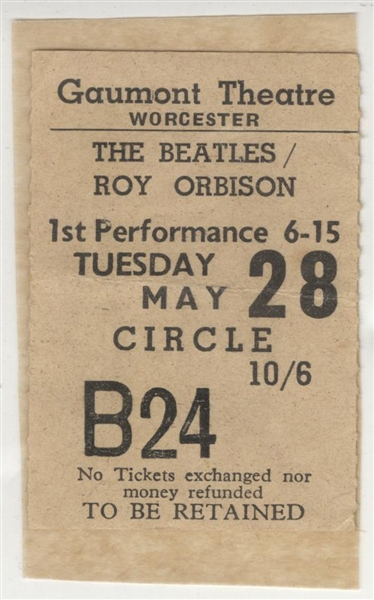 Beatles and Roy Orbison Original 1963 Gaumont Theatre U.K. Concert Ticket