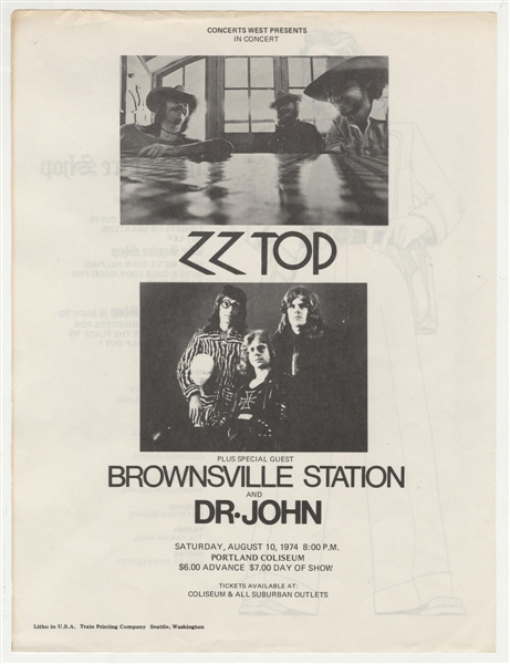 ZZ Top/Brownsville Station Original 1974 Concert Flyer