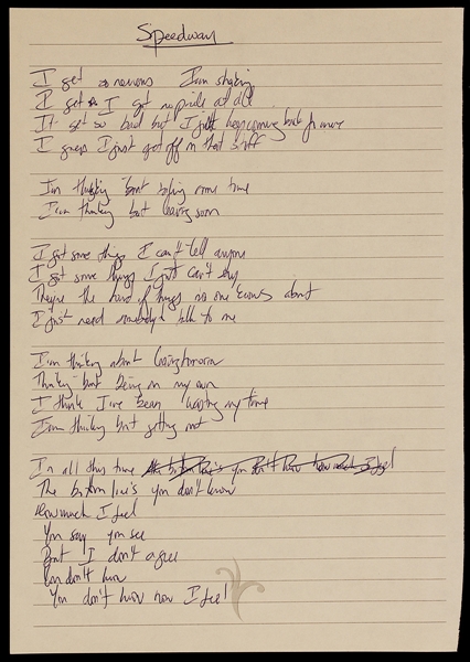 Counting Crows Adam Duritz "Speedway" Handwritten Working Lyrics
