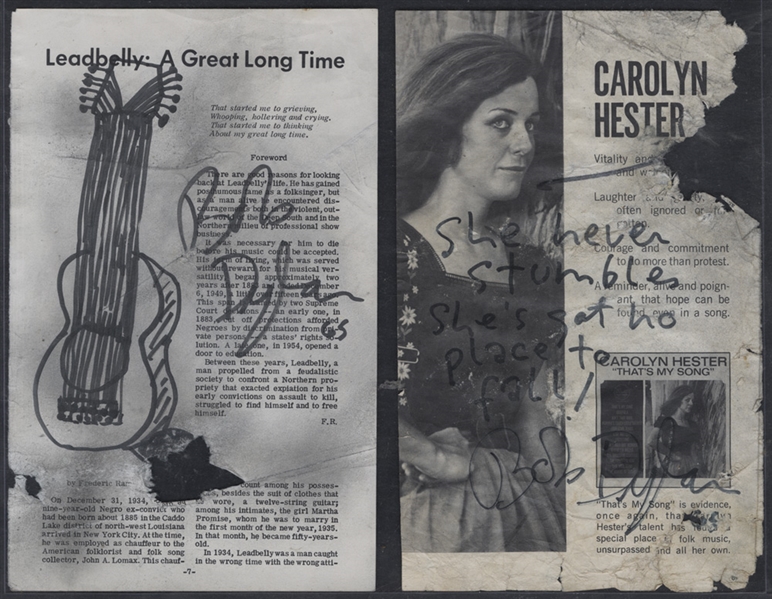 Bob Dylan 1965 Signed & "She Belongs To Me" Lyrics Inscribed "Sing Out" Pages With Drawing of Guitar