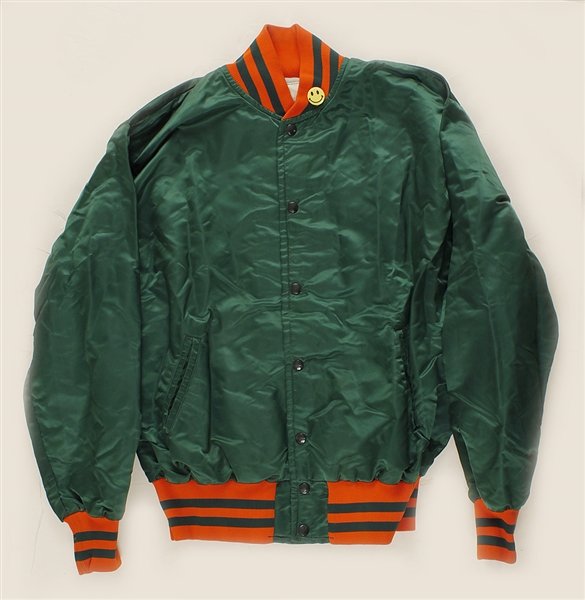 Michael Jackson Owned & Worn Green Satin Baseball-Style Jacket with Smiley Face Button
