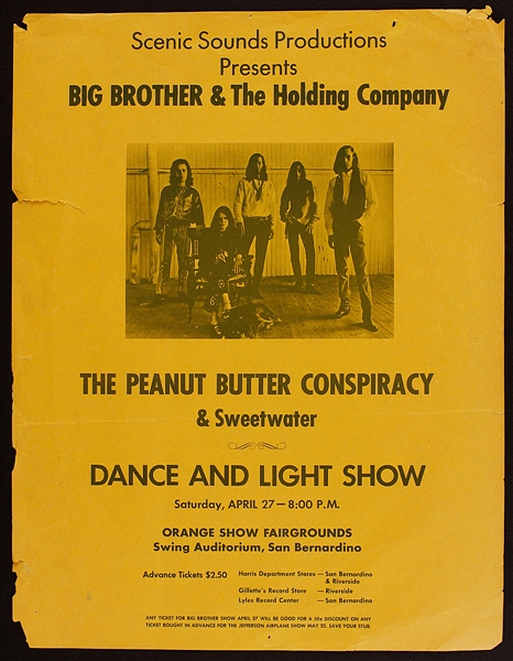 Big Brother & The Holding Company (Janis Joplin) Original Concert Flyer Also Featuring The Peanut Butter Conspiracy and Sweetwater 