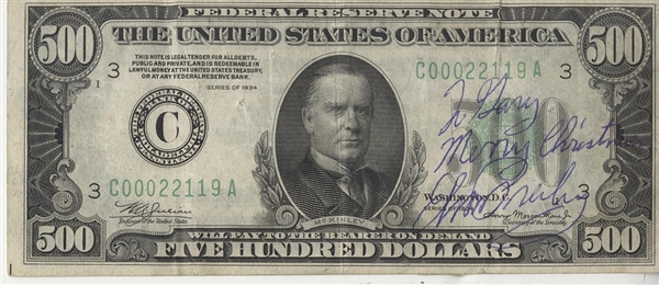 Elvis Presley "Merry Christmas" Twice Signed & Inscribed $500 Bill to Gary Pepper
