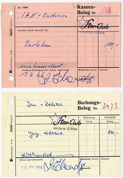 Ian Edwards Signed Ian and the Zodiacs Original 1965 and 1966 Star-Club Performance Receipts (2)