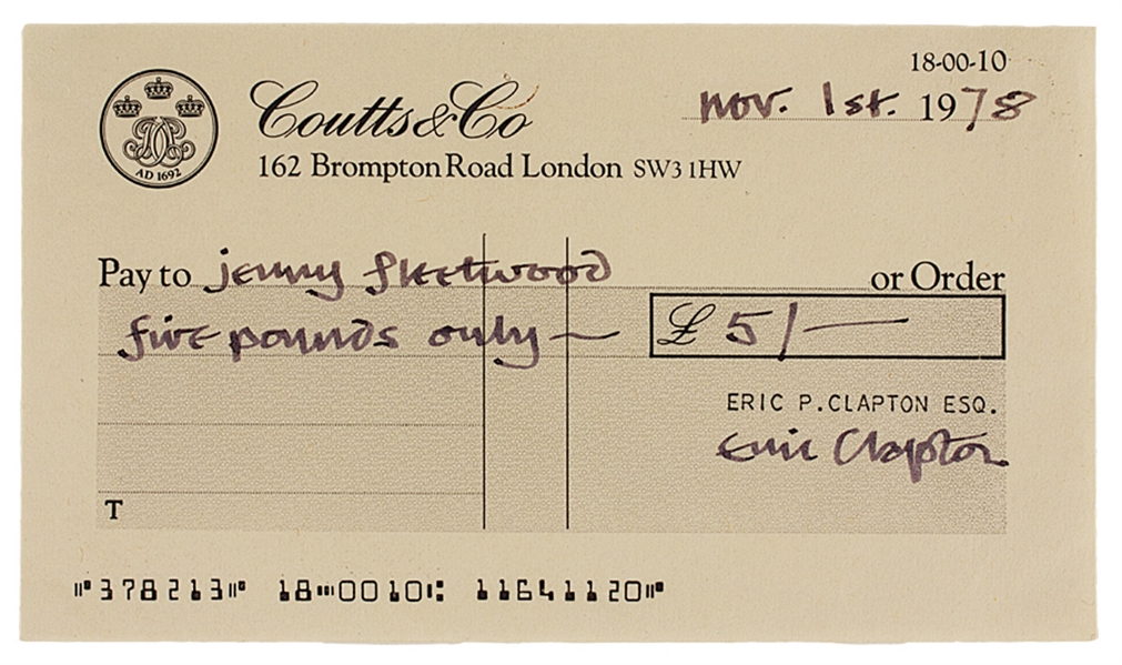 Eric Clapton Handwritten & Signed Check to Jenny Fleetwood (Jenny Boyd)