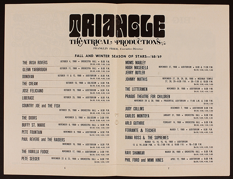 The Doors, Cream (Eric Clapton) and More Original 1968-69 Triangle Theatrical Productions Concert Program