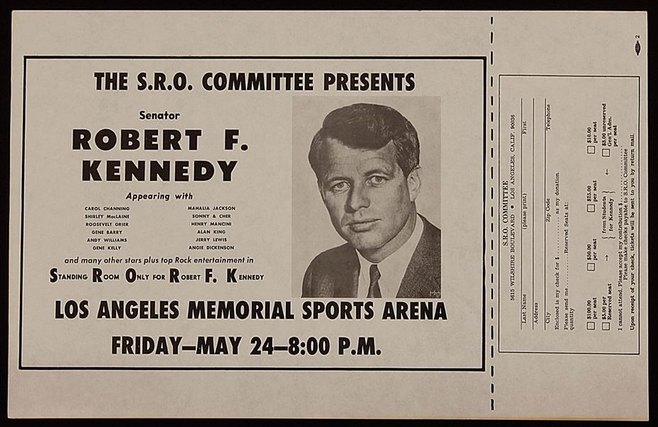 Robert F. Kennedy Original 1968 S.R.O. Rally Flyer Featuring Sonny & Cher, Mahalia Jackson, and More