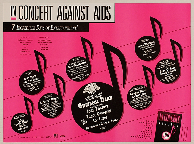 Concert Against Aids Original Concert Poster Featuring The Grateful Dead, John Fogerty, Tracy Chapman, Linda Ronstadt and More