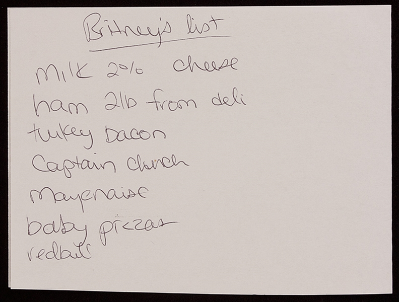 Britney Spears Handwritten Grocery List