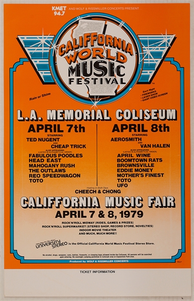 California World Music Festival Original Concert Poster Featuring Aerosmith, Van Halen, Cheap Trick and More 