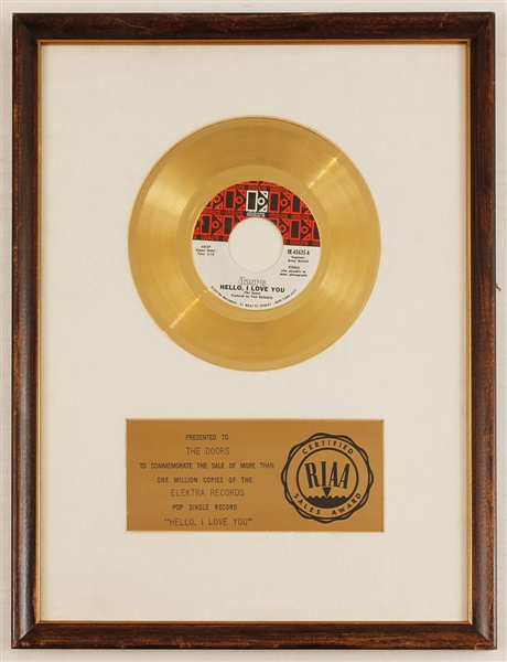 "Hello, I Love You" Original RIAA White Matte Gold Record Award Presented to The Doors