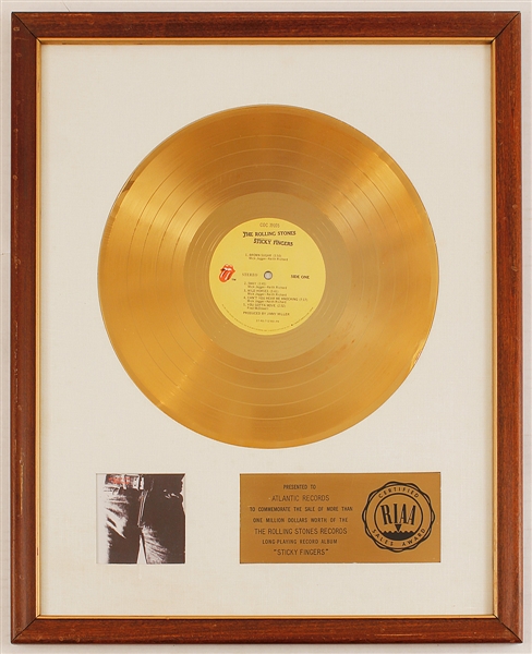 The Rolling Stones "Sticky Fingers" Original RIAA White Matte Gold Record Album Award