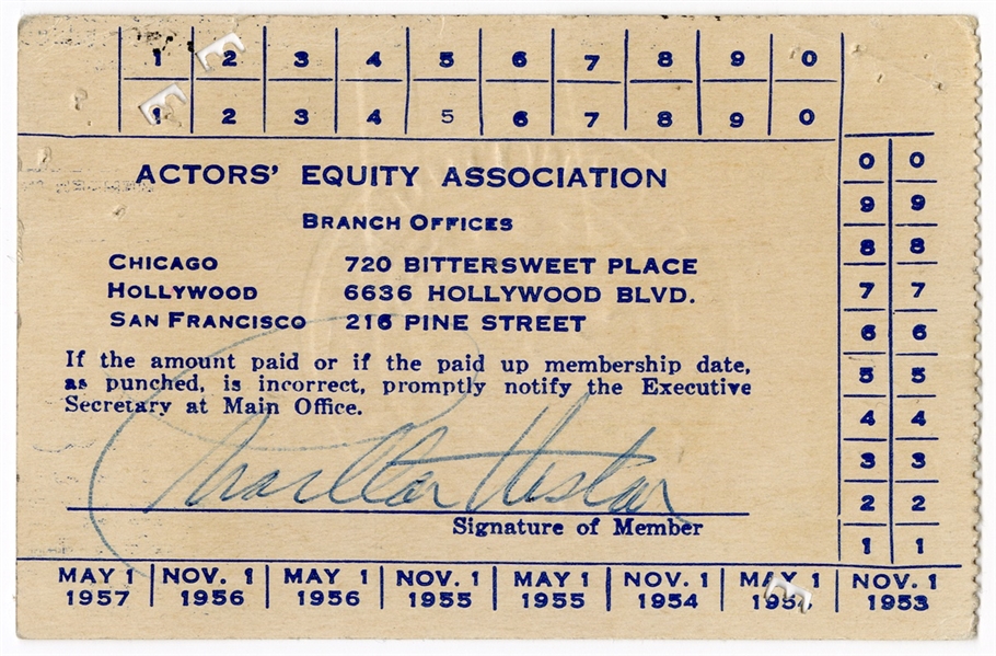 Charlton Heston Signed 1953 Actors Equity Association Card