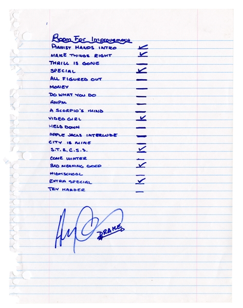 Drake "Room for Improvement" Handwritten & Signed Set List